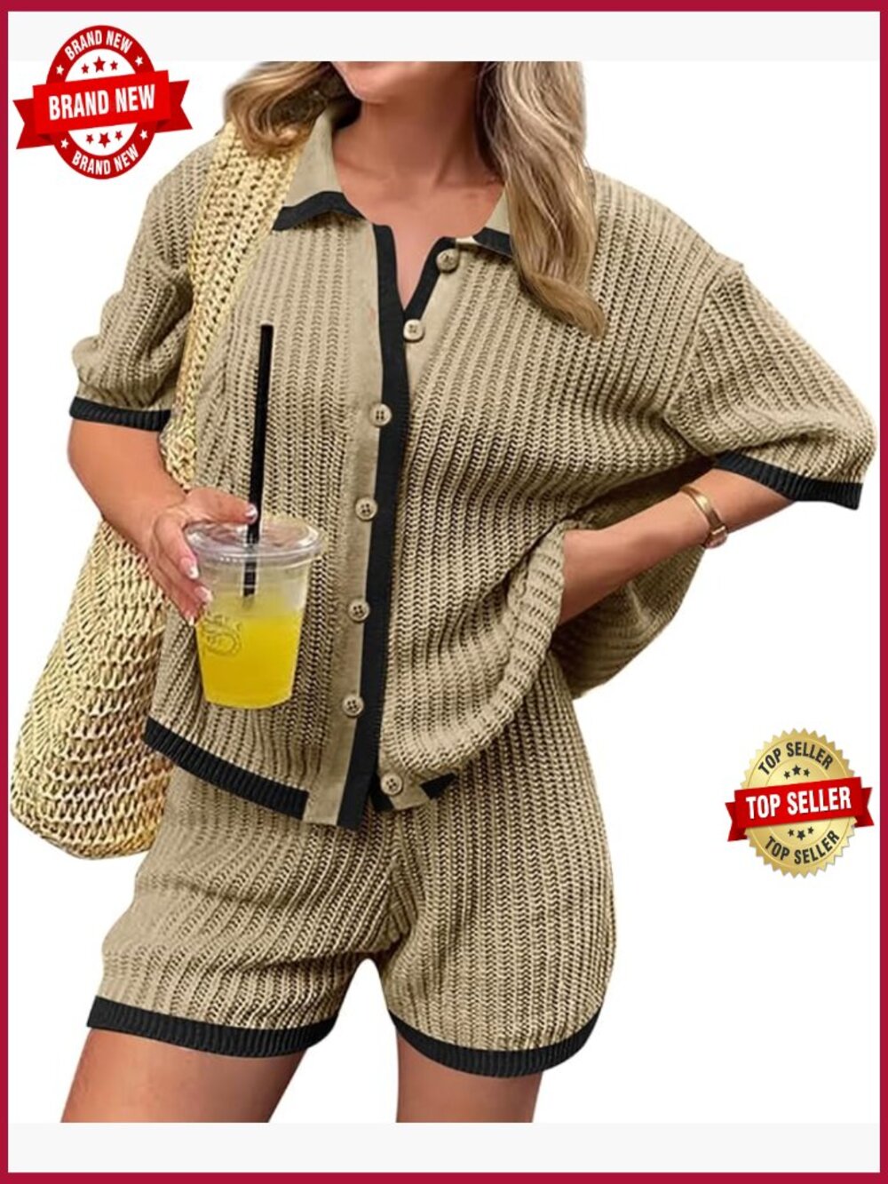 Womens 2 Piece Short Sets Summer Short Sleeve Collared Top Cover Up Knit Lounge